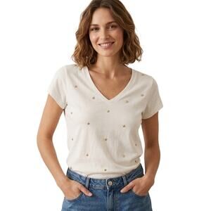Kontatto Made in Italy White V-Neck Star Embellished Tee EUC Minimalist - Size M
